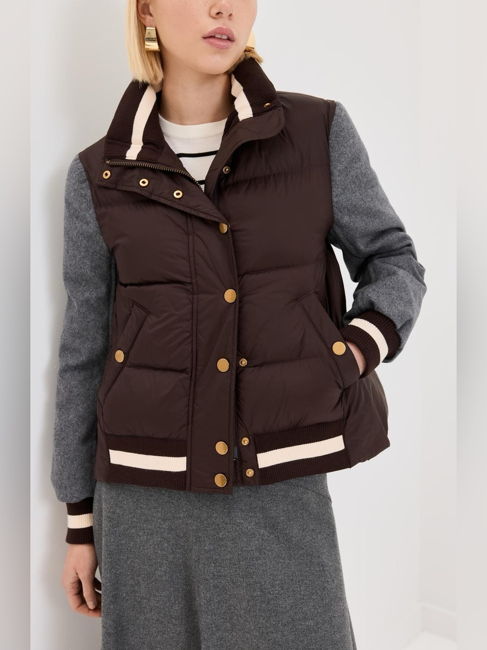 Veronica Beard Ethan Mixed Media Wool Blend Puffer Dark Chocolate Size XS